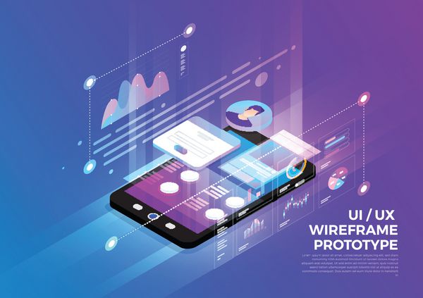 تصاویر ایزومتریک مفهوم طراحی راه حل فن آوری تلفن همراه در بالا با نمونه اولیه wireframe UX UI پس زمینه شیب و نمودار نمودار نمودار دیجیتال خط نازک تصویر برداری