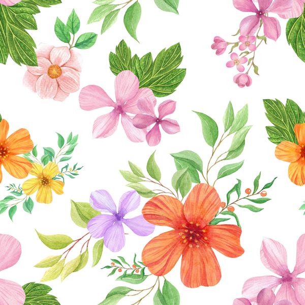 پس زمینه آبرنگ بدون درز مخلوط گل و گل های رنگارنگ رنگی که برای بافت پس زمینه کاغذ بسته بندی پارچه یا کاغذ دیواری استفاده می شود