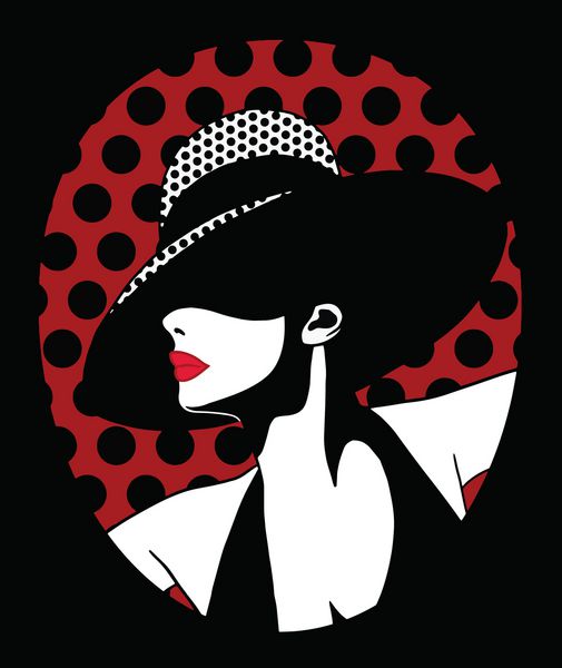 هنر وکتور دخترانه سیاه و سفید دختر شگفت انگیز با لب های قرمز در کلاه بر روی آثار هنری پس زمینه