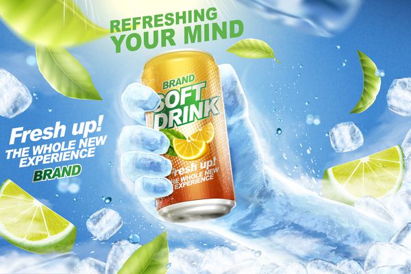 طراوت تبلیغات نوشابه با نوشیدنی چنگ زدن به دست یخ می تواند در تصویر سه بعدی لیموهای پرنده برگهای سبز و مکعب های یخی