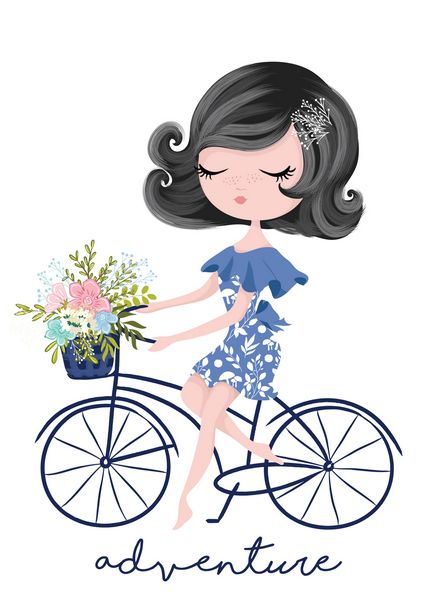 دختر ناز کوچولو با تصویر دوچرخه برای آثار هنری مد کتاب های کودکان چاپ تی شرت کارت پستال