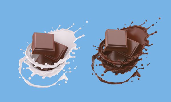 قطعات شکلات در چلپ چلوپ شکلات و شیر سفید تصویر 3D