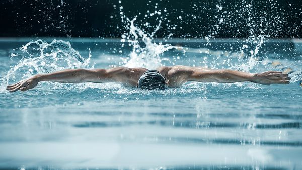 شناگر پویا و مناسب در کلاه شنا به سبک پروانه ای در استخر مرد جوان ورزش سبک زندگی سالم رقابت تمرین ورزشکار مفهوم انرژی