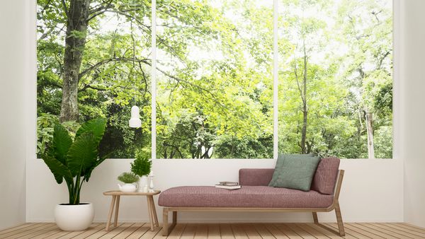 بستر روزانه در اتاق نشیمن و منظره طبیعت اتاق نشیمن در خانه یا آپارتمان با نمای جنگل طراحی ساده داخلی ارائه سه بعدی