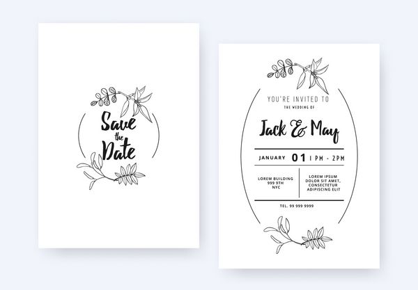 طراحی قالب کارت دعوت عروسی مینیمالیستی نقاشی جوهر هنر خط شاخ و برگ با قاب دایره روی رنگ سفید