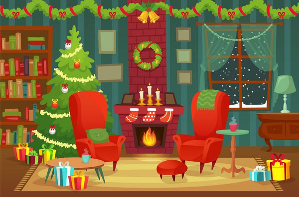تزئین اتاق کریسمس تزئینات داخلی تعطیلات زمستانی صندلی در نزدیکی شومینه و درخت کریسمس با هدایا تعطیلات سال نو خانه دنج با دودکش شعله ای تصویر زمینه بردار 2019