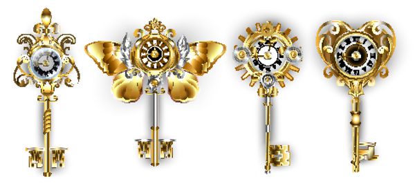مجموعه ای از کلیدهای عتیقه طلا و نقره که با شماره گیری ها در زمینه سفید تزئین شده اند
