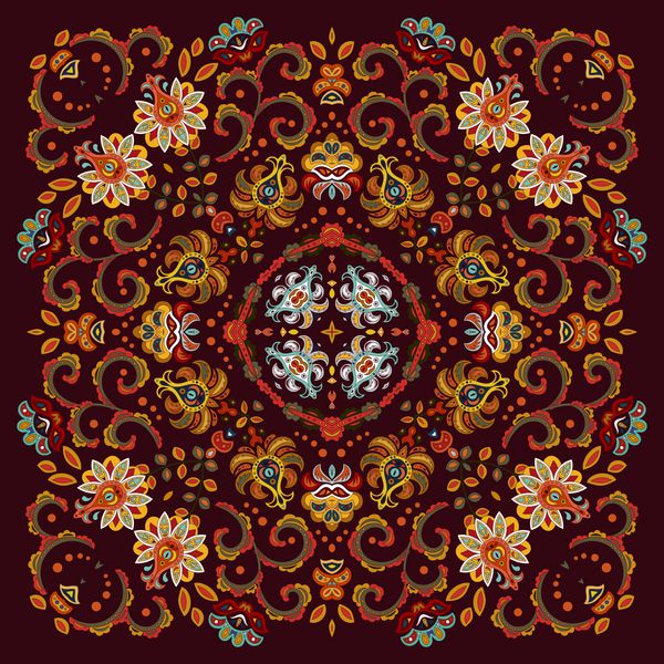 شال گردن ابریشمی معتبر یا طرح الگوی مربع مروارید به سبک شرقی برای چاپ روی پارچه تصویر برداری گل های فانتزی در زمینه های رنگ