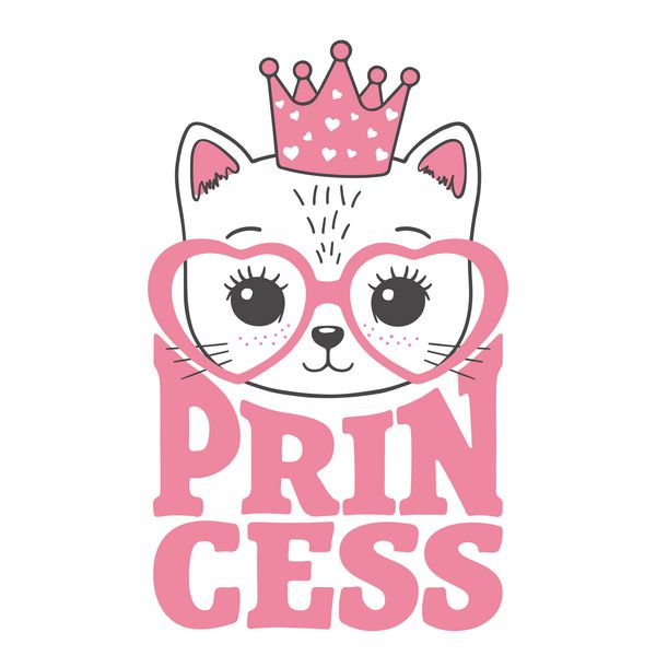 صورت گربه کوچک ناز با تاج صورتی عینک قلب شعار شاهزاده خانم تصویر برداری برای کودکان طراحی چاپ تی شرت بچه گانه لباس کودک