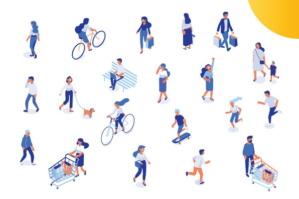 بردارهای مختلف ایزومریک مختلف که بر روی سفید جدا شده اند واریته های زن و مرد پیاده روی با سگ دوچرخه سواری و اسکیت نشستن روی نیمکت در پارک افراد در سوپر مارکت