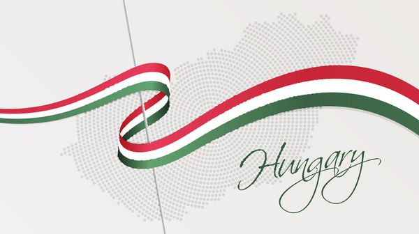 تصویر برداری نقشه نیمه راه راه انتزاعی شعاعی مجارستان و روبان های موج دار با رنگ های پرچم ملی مجارستان برای طراحی گرافیک و وب شما