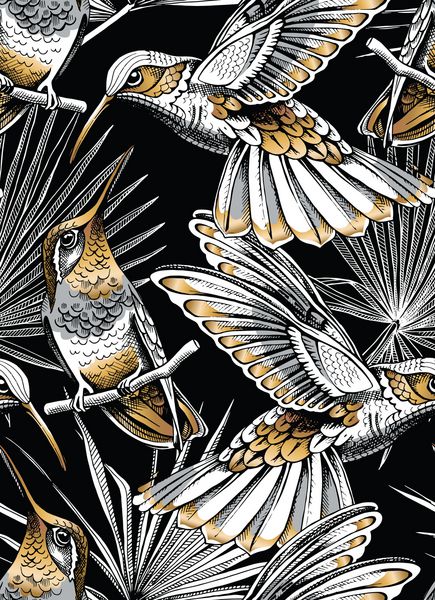الگوی یکپارچه طلا و نقره برگهای گرمسیری نخل فن اگزوتیک و Hummingbird با پس زمینه سیاه ترکیب پارچه چاپ سبک دستی تصویر برداری