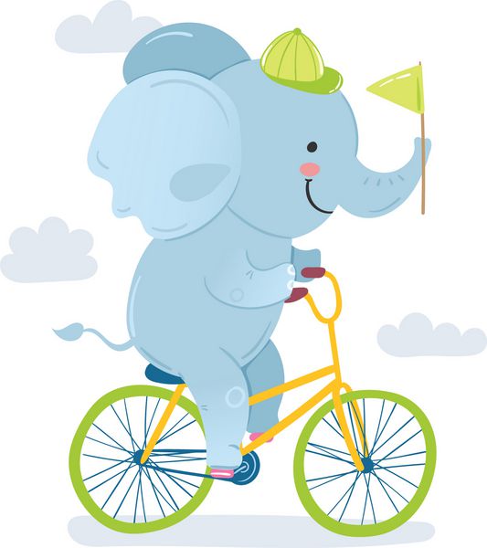 تصویر برداری یک فیل کارتونی که سوار بر دوچرخه سواری می شود می توان به عنوان برچسب طراحی تی شرت بچه گانه چاپ یا پوستر استفاده کرد