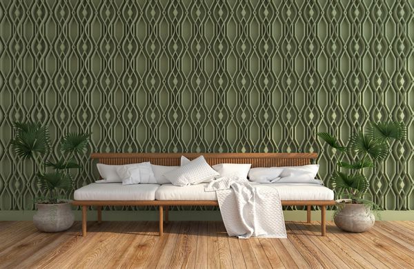 اتاق طراحی داخلی 3 بعدی دیوار گرافیکی سبز و دکوراسیون کف چوبی توسط مبل چوبی و کوسن های سفید و بالش های سفید و گیاه در گلدان