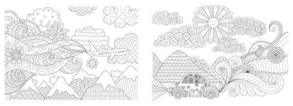 صفحات رنگ آمیزی کتاب رنگ آمیزی برای بزرگسالان مجموعه تصاویر رنگی سفر با هواپیما و ماشین Antistress طراحی بصورت رایگان با عناصر doodle و zentangle