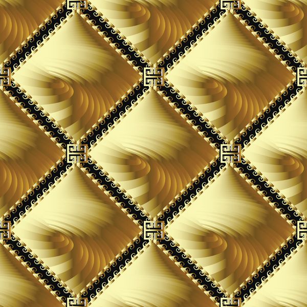 وکتور طلای یونان وکتور 3D الگوی بدون درز پس زمینه تزئینی با شکل های شعاعی مارپیچ طلایی راه راه خطوط موج دار لوزی قاب هندسی یونانی کلید دکوراسیون کلیدی مدرن