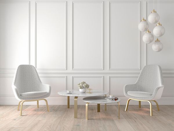 داخلی مدرن کلاسیک با صندلی لامپ میز پانل های دیواری و کف چوبی 3D ارائه تصویر مسخره کردن