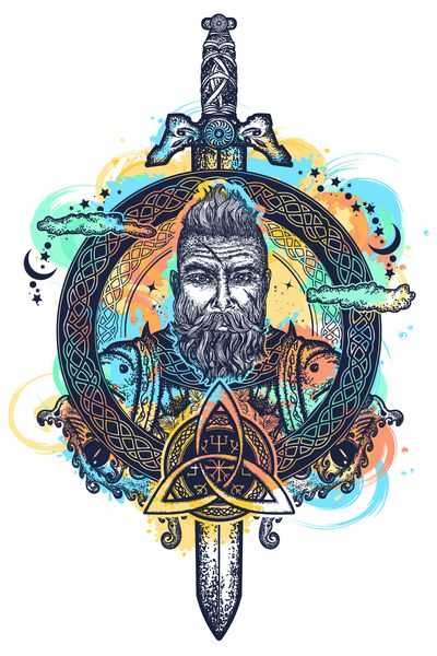طراحی وایکینگ و تی شرت به سبک اسپری رنگ آبرنگ ریش ریش دار اسکاندیناوی شمشیر خدای اودین ​​اژدها نماد نیرو شجاعت