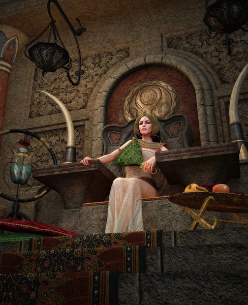 گرافیک رایانه ای سه بعدی زن جوان با آرایش و لباس مصر باستان که بر تخت سلطنتی نشسته است