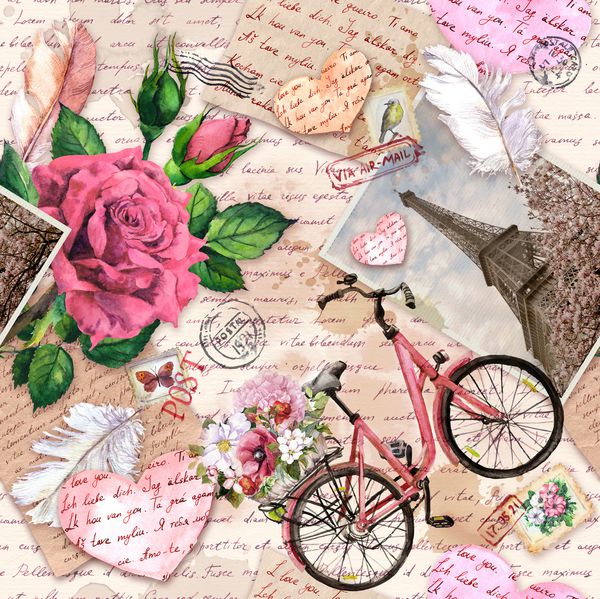 متن نوشته شده دستی یادداشت ها قلب ها دوچرخه با گل ها در سبد عکس پرنعمت برج ایفل گل های رز تمبرهای پستی پرها بافت کاغذ قدیمی الگوی بدون درز در مورد عشق فرانسه و پاریس