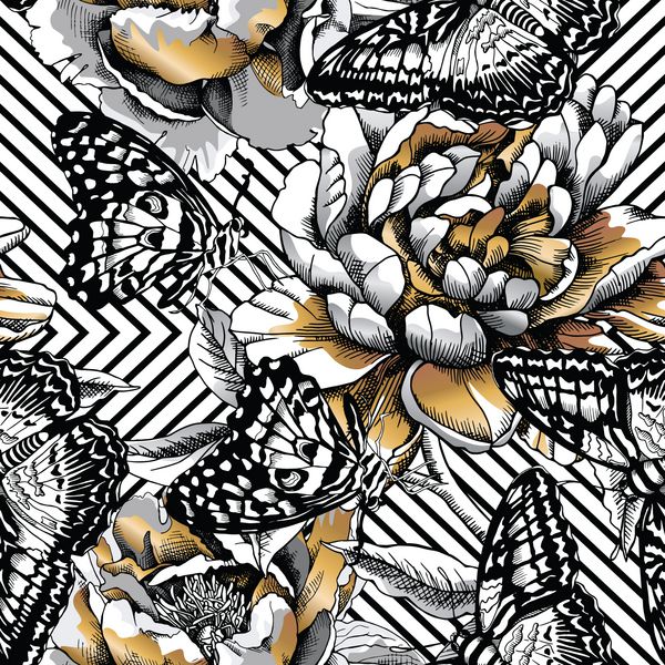 الگوی گل استتار بدون درز انواع پروانه های عجیب و غریب و گل های گل صد تومانی در زمینه هندسی ترکیب پارچه چاپ سبک دستی تصویر برداری