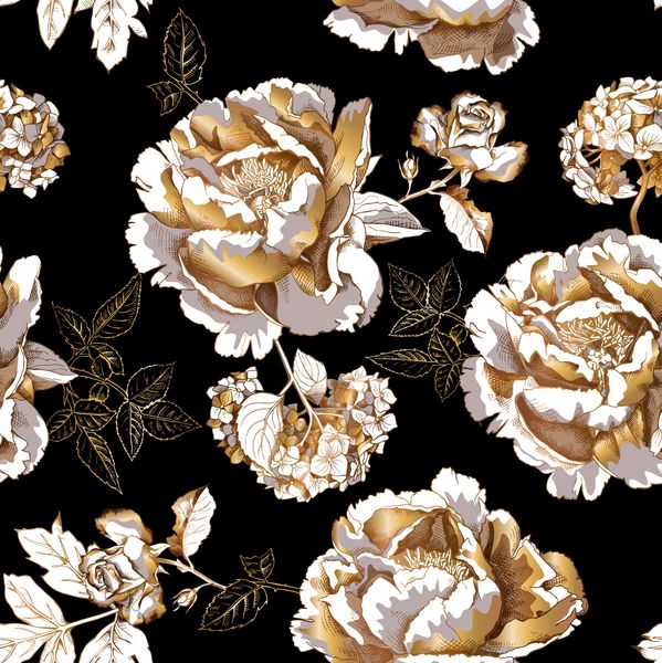 الگوی گل بدون درز گل صد تومانی هیدرانسا گلها و برگهای رز بر روی زمینه سیاه ترکیب پارچه چاپ سبک دستی تصویر برداری