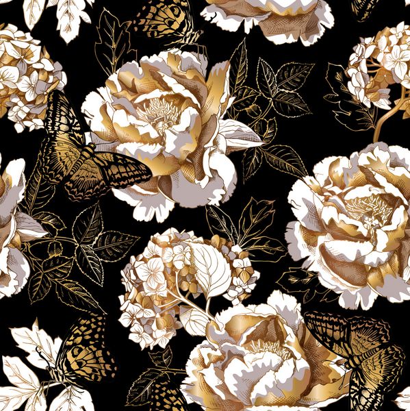الگوی گل بدون درز گل صد تومانی گلهای هیرانسانس برگهای گل رز و پروانه های عجیب و غریب بر روی زمینه سیاه ترکیب پارچه چاپ سبک دستی تصویر برداری
