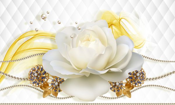 کاغذ دیواری سه بعدی گل رز و جواهرات در زمینه انتزاعی سفید موضوع گل این یک روند طراحی است پس زمینه جشن 3D