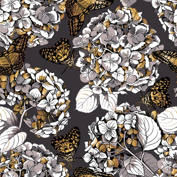 الگوی گل بدون درز انواع پروانه های عجیب و غریب و گل های هیرانسانس طلایی در زمینه خاکستری تیره ترکیب پارچه چاپ سبک دستی تصویر برداری