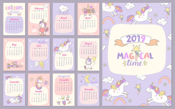 تقویم زمان جادویی 2019 با تکشاخ شخصیت های مختلف برای هر ماه برنامه ریز رویدادهای تعطیلات هفته از یکشنبه آغاز می شود تصویر برداری