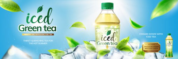 تبلیغات بنر چای سبز بطری شده با عناصر مکعب های یخ در تصویر 3D در پس زمینه آسمان آبی