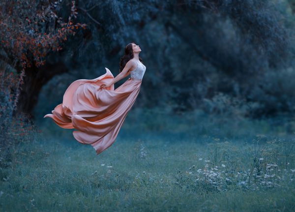 یک زن جوان یک جادوگر مرموز مانند یک پروانه در هوا شناور است لباس مجلل و بلند که در باد موج می زند زمینه جنگل سرد شاهزاده خانم مسحور عکس هنری تخلیه