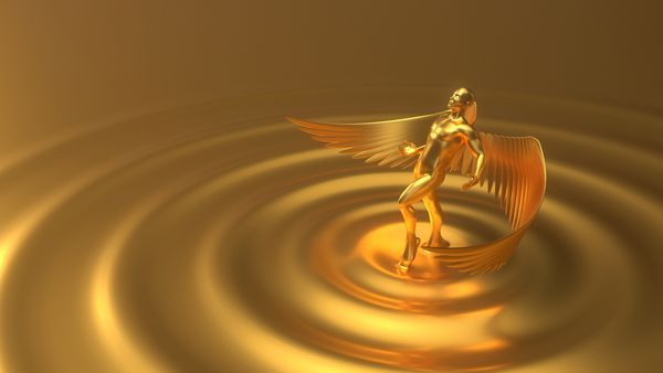 شخصیت فرشته طلایی که از طلای مایع برخاسته است مناسب برای فناوری دین ​​روانشناسی و مضامین باطنی تصویر سه بعدی