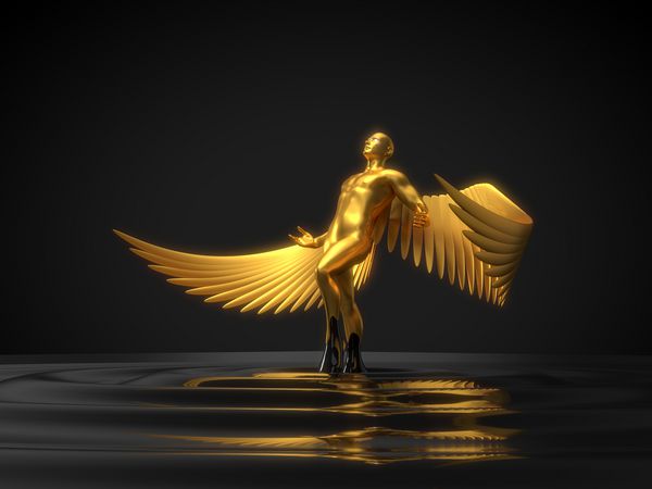 شخصیت فرشته طلایی که از مایع سیاه برخیزد مناسب برای فناوری دین ​​روانشناسی و مضامین باطنی تصویر سه بعدی