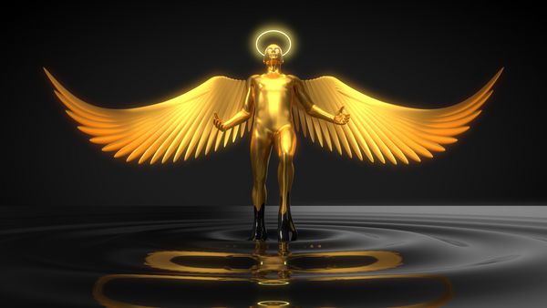 شخصیت فرشته طلایی که از مایع سیاه برخیزد مناسب برای فناوری دین ​​روانشناسی و مضامین باطنی تصویر سه بعدی