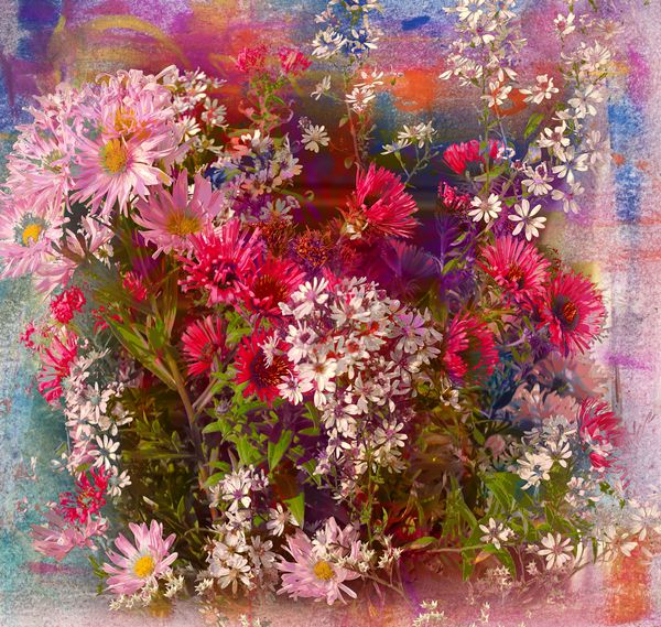 نقاشی و دسته گل پاستلی با گل های بنفش زمینه هنری