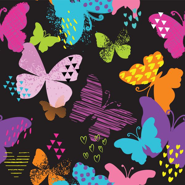 الگوی بدون درز برای دختران با پروانه رنگارنگ تصویر سازی مد به سبک مدرن چاپ دخترانه روشن