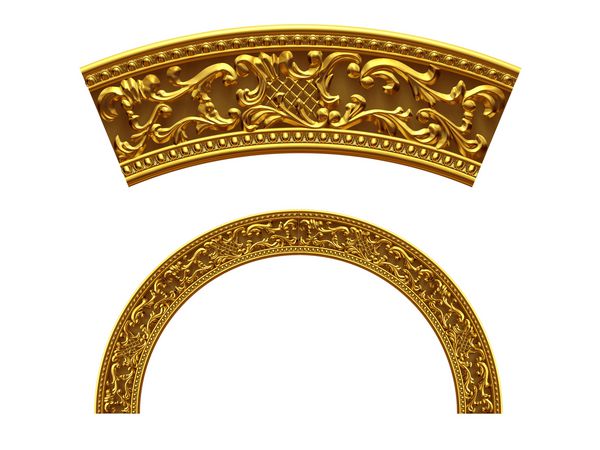 بخش تزئینی طلایی نسخه گرد زاویه چهل و پنج درجه برای گوشه یا دایره تصویر 3D از هم جدا شده است