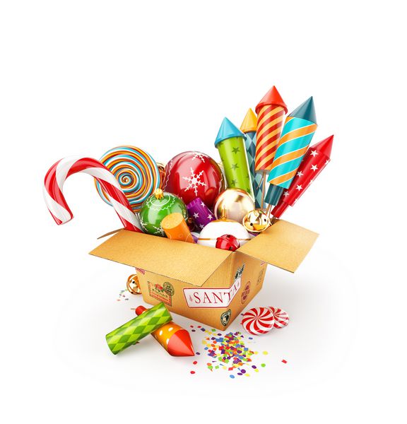 تصویر غیر معمول 3D یک جعبه پر از اسباب بازی های کریسمس آب نبات ها و راکت های آتش بازی رنگارنگ روشن کریسمس مبارک و مفهوم جشن سال نو مبارک جدا شده