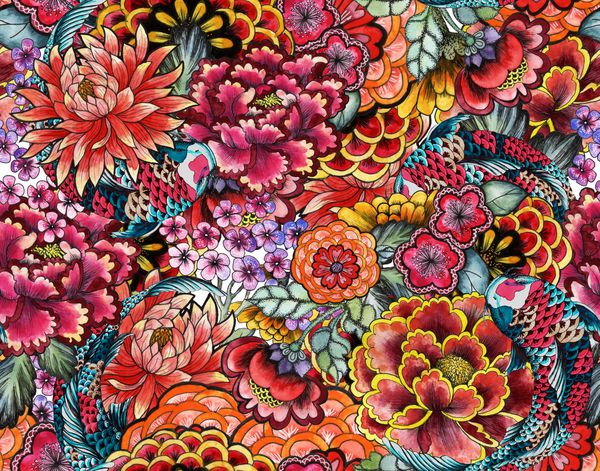 الگوهای سنتی یکپارچه آسیا گل های رنگی ژاپنی گل صد تومانی گل داودی دلیلی کپور