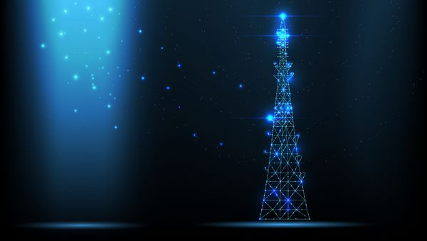 فرستنده سیگنال مخابراتی بردار wireframe برج آنتن رادیویی از خطوط و مثلث ها شبکه اتصال نقطه ای در زمینه تاریک وکتور تصویر