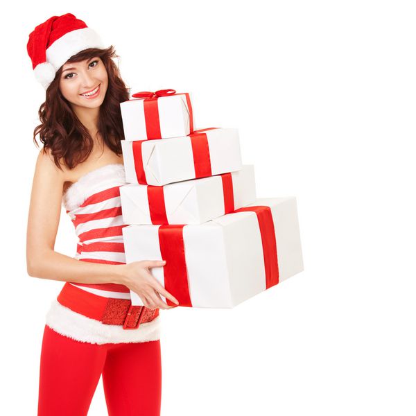 زن سانتا مبارک با جعبه های هدیه