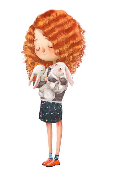 دختر کوچولوی ناز با خرگوش های کودک روی آغوشش
