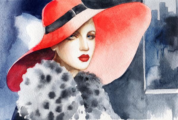 خانم زیبا با کلاه زن زیبا تصویر مد نقاشی آبرنگ