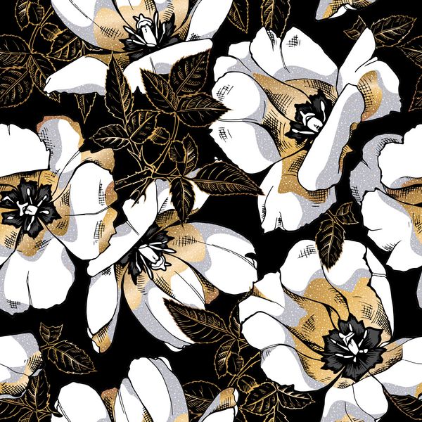 الگوی گل بدون درز گلهای گل لاله باز و برگهای گل رز بر روی زمینه سیاه ترکیب پارچه چاپ سبک دستی تصویر برداری