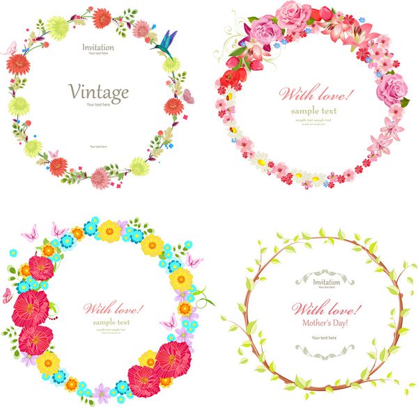 مجموعه ای زیبا از تاج های عاشقانه با گل های تابستانی و شاخه های سبز برای طراحی شما