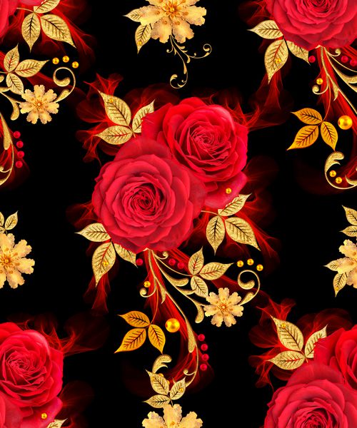 الگوی بدون درز تزئینات تزئینی عنصر پیزلی برگهای ظریف بافت ساخته شده از توری ریز و مروارید فرهای نگین براق گل رز قرمز گلهای زرد شیک ظرافت بافی ظریف