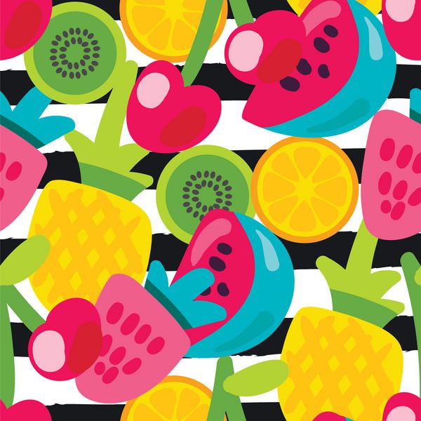 وکتور طرح های میوه ای تابستانی به سبک کارتونی میوه ها و انواع توت ها زمینه شیرین