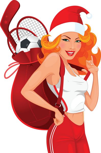 دختر ورزشی با هدیه ای در کلاه قرمز تصویر برداری برای تبریک های کریسمس