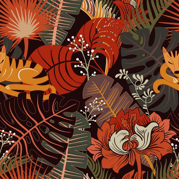 الگوی گلدار و رنگارنگ رنگارنگ کاغذ دیواری وکتور با گیاهان و گلهای استوایی تصویر رنگی برای وب پارچه پارچه پوشش کاغذ بسته بندی